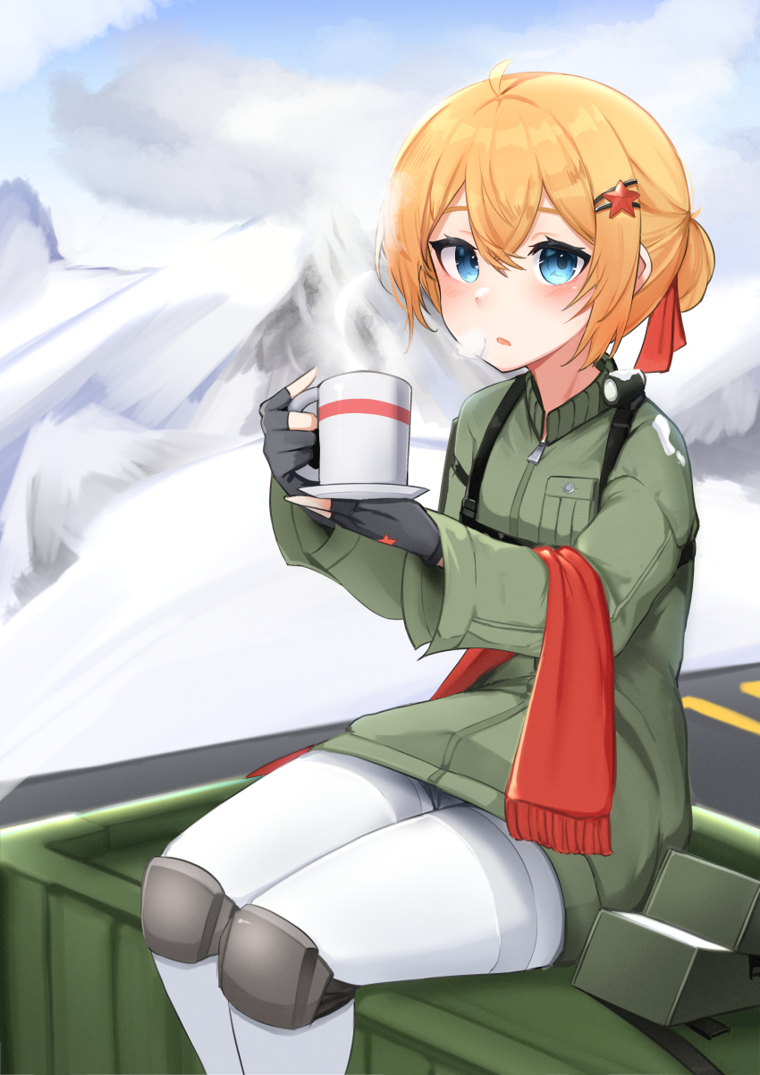 1girl absurdres blonde_hair blue_eyes blush coffee_mug commentary cup daebom fingerless_gloves gloves hair_ornament highres jacket looking_at_viewer military military_vehicle motor_vehicle mountain mug original pantyhose personification scarf sitting snow t-34 tank unworn_scarf war_thunder white_pantyhose