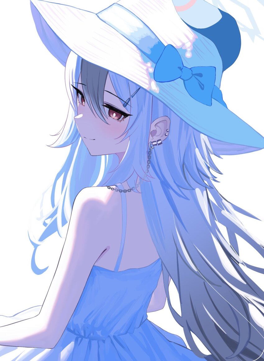 1girl alternate_costume alternate_hairstyle bare_shoulders black_hair blue_archive blue_bow blush bow chain chain_earrings closed_mouth dress ear_piercing flower from_behind grey_halo hair_between_eyes hair_ornament hairclip halo hat highres kayoko_(blue_archive) long_hair looking_at_viewer megumi_kei multicolored_hair piercing red_eyes simple_background sleeveless sleeveless_dress smile solo spaghetti_strap sun_hat sundress sunflower two-tone_hair white_background white_dress white_hair white_hat