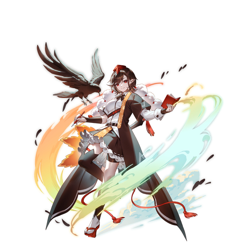 1girl adapted_costume asymmetrical_legwear belt bird black_coat black_skirt black_thighhighs brown_hair closed_mouth coat crow full_body game_cg geta hat hauchiwa highres holding holding_notebook holding_pen looking_at_viewer mismatched_legwear nib_pen_(object) notebook official_art pen pointy_ears pom_pom_(clothes) red_eyes red_footwear red_hat shameimaru_aya shirt short_sleeves skirt smile solo tengu-geta thighhighs third-party_source tokin_hat touhou touhou_gensou_eclipse transparent_background u_u_zan uneven_legwear white_shirt
