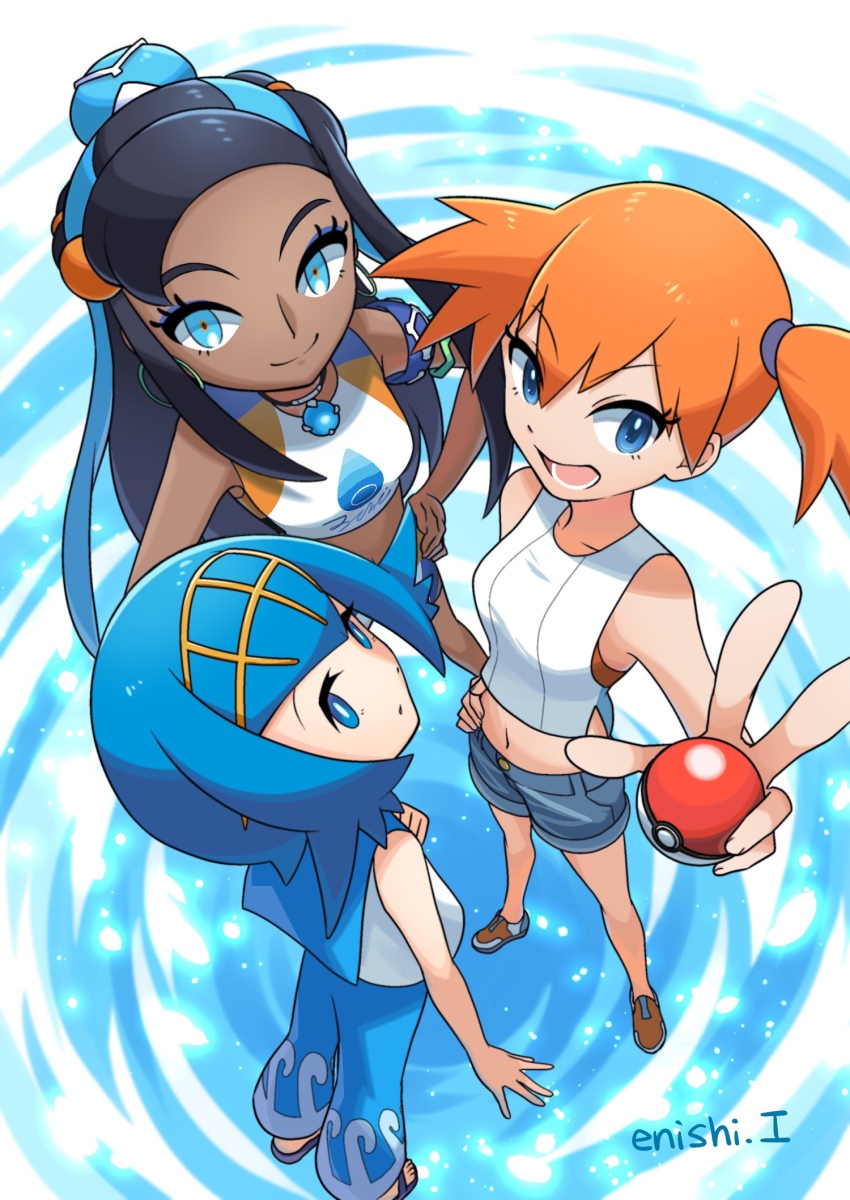 3girls asymmetrical_hair blue_eyes blue_hair dark-skinned_female dark_skin denim denim_shorts earrings gen_1_pokemon gen_7_pokemon gen_8_pokemon hand_on_own_hip highres hoop_earrings jewelry lana_(pokemon) long_hair midriff misty_(pokemon) multicolored_hair multiple_girls navel necklace nessa_(pokemon) nintendo orange_hair outdoors piercing poke_ball pokemon pokemon_lgpe pokemon_sm pokemon_swsh ponytail shorts side_ponytail streaked_hair swimsuit trial_captain two-tone_hair yukari_(yukari21653710)