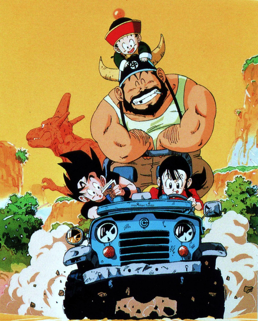 1girl 3boys car chi-chi_(dragon_ball) cigarette closed_eyes dinosaur dragon_ball dragon_ball_(object) dragonball_z driving father_and_son gyuu_mao happy highres missing_tooth motor_vehicle mountain multiple_boys official_art orange_sky scan simple_background sky smile smoking son_gohan son_goku steering_wheel teeth third-party_edit toei_animation toriyama_akira