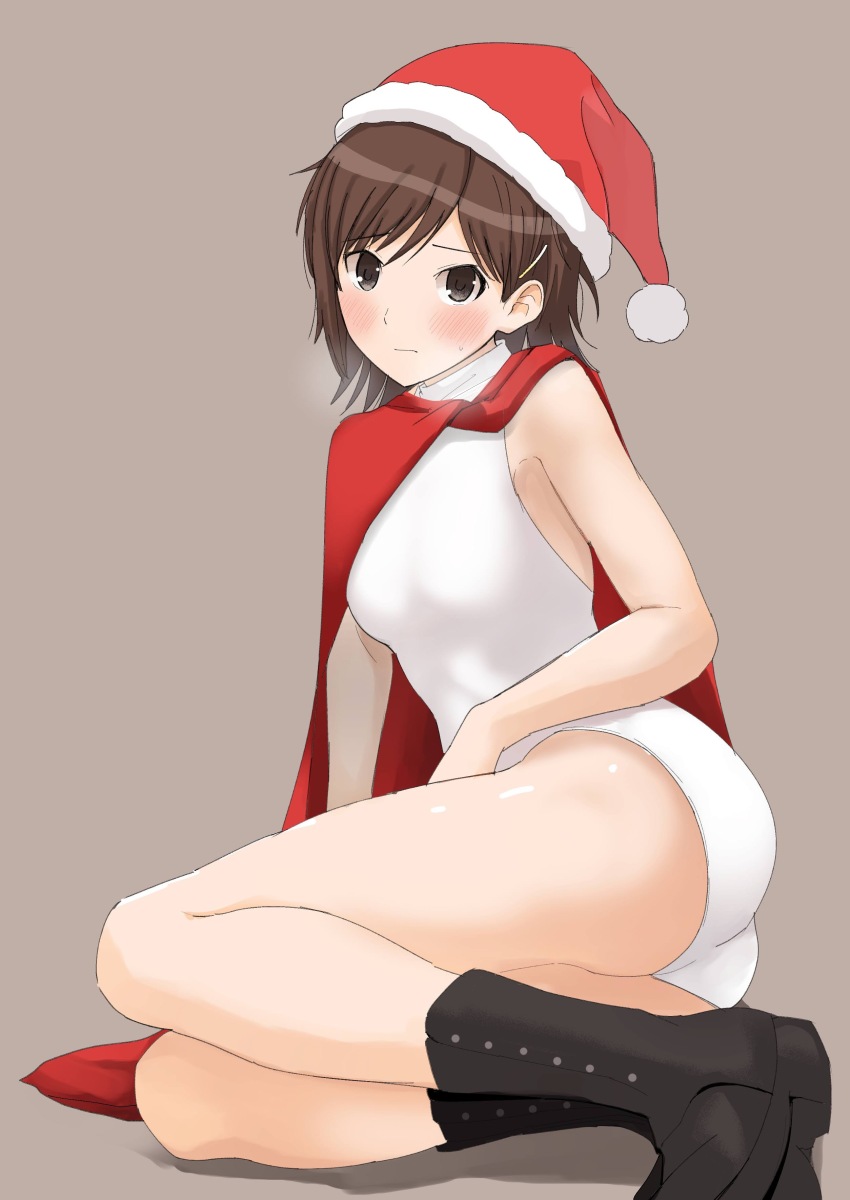 1girl absurdres amagami ass bare_shoulders black_boots blush boots breasts brown_background brown_eyes brown_hair closed_mouth full_body fur-trimmed_headwear fur_trim gyuunyuu_pack_(tanaka) hair_ornament hairpin hat highres itou_kanae_(amagami) looking_at_viewer official_alternate_costume one-piece_swimsuit red_hat red_scarf santa_costume santa_hat scarf short_hair simple_background small_breasts solo swimsuit thighs turtleneck turtleneck_one-piece_swimsuit white_one-piece_swimsuit