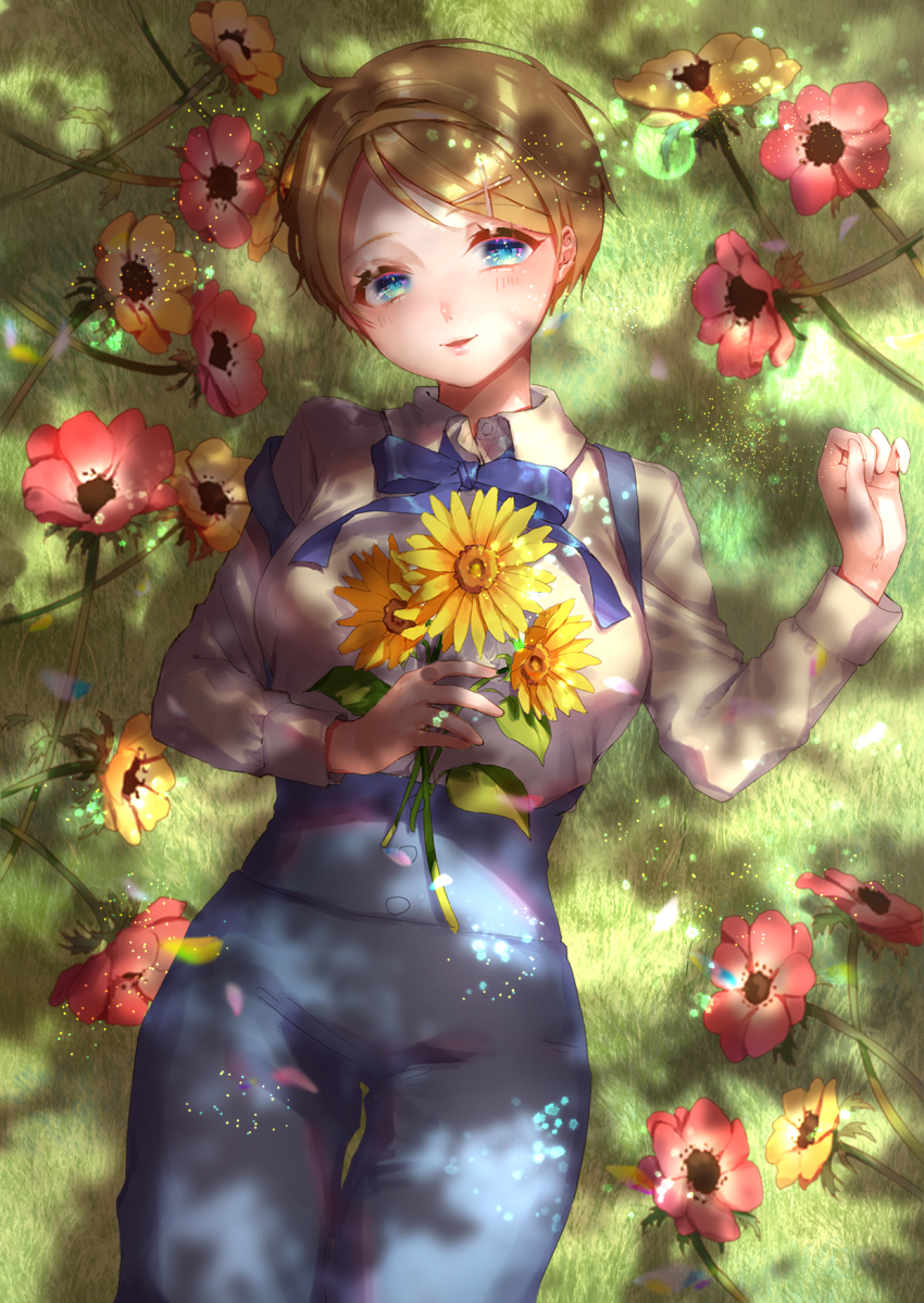 1girl axis_powers_hetalia blonde_hair blue_bow blue_bowtie blue_eyes blue_pants blush bow bowtie breasts brown_hair collared_shirt cowboy_shot dappled_sunlight day flower hair_ornament hairband hand_up hatake_hukuro highres large_breasts light_particles long_sleeves looking_at_viewer lying nature on_back on_ground outdoors pants red_flower shirt short_hair smile solo sunflower sunlight suspenders suspenders_slip thigh_gap ukraine_(hetalia) white_shirt x_hair_ornament yellow_flower