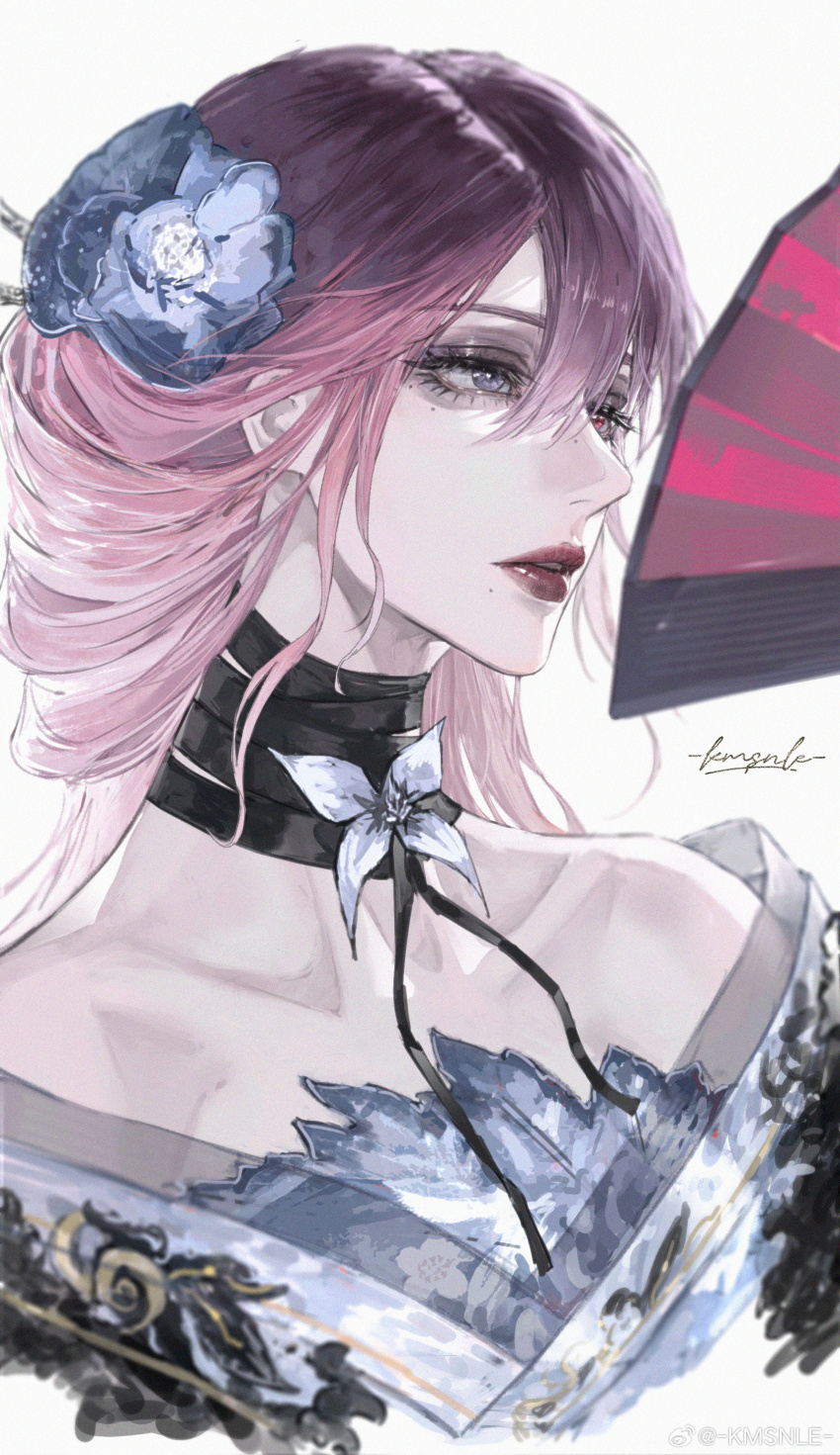 1girl absurdres flower folding_fan gradient_hair hair_flower hair_ornament hand_fan highres lee_kimsan multicolored_hair path_to_nowhere portrait shalom_(path_to_nowhere) solo white_background