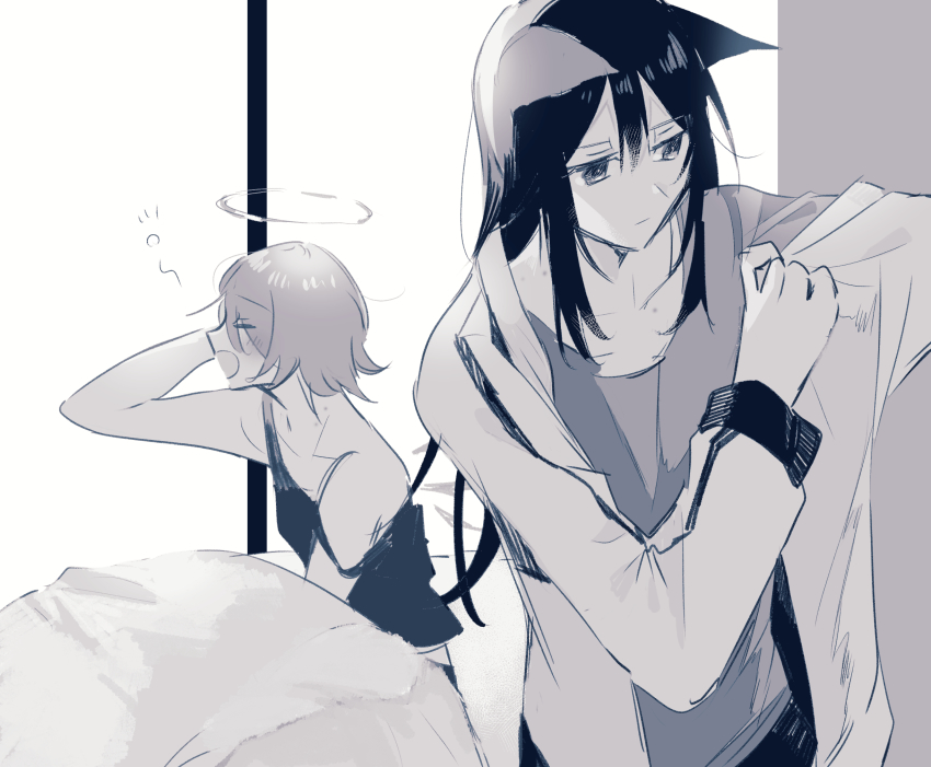 2girls animal_ears arknights bad_id bad_pixiv_id bare_arms bed closed_eyes closed_mouth collarbone commentary dressing energy_wings expressionless exusiai_(arknights) eyes_visible_through_hair halo hickey highres jacket limited_palette long_hair long_sleeves matsuzaka_(matsuzakagyu_29) morning multiple_girls open_mouth profile shirt short_hair strap_slip tank_top texas_(arknights) under_covers waking_up wolf_ears yawning yuri