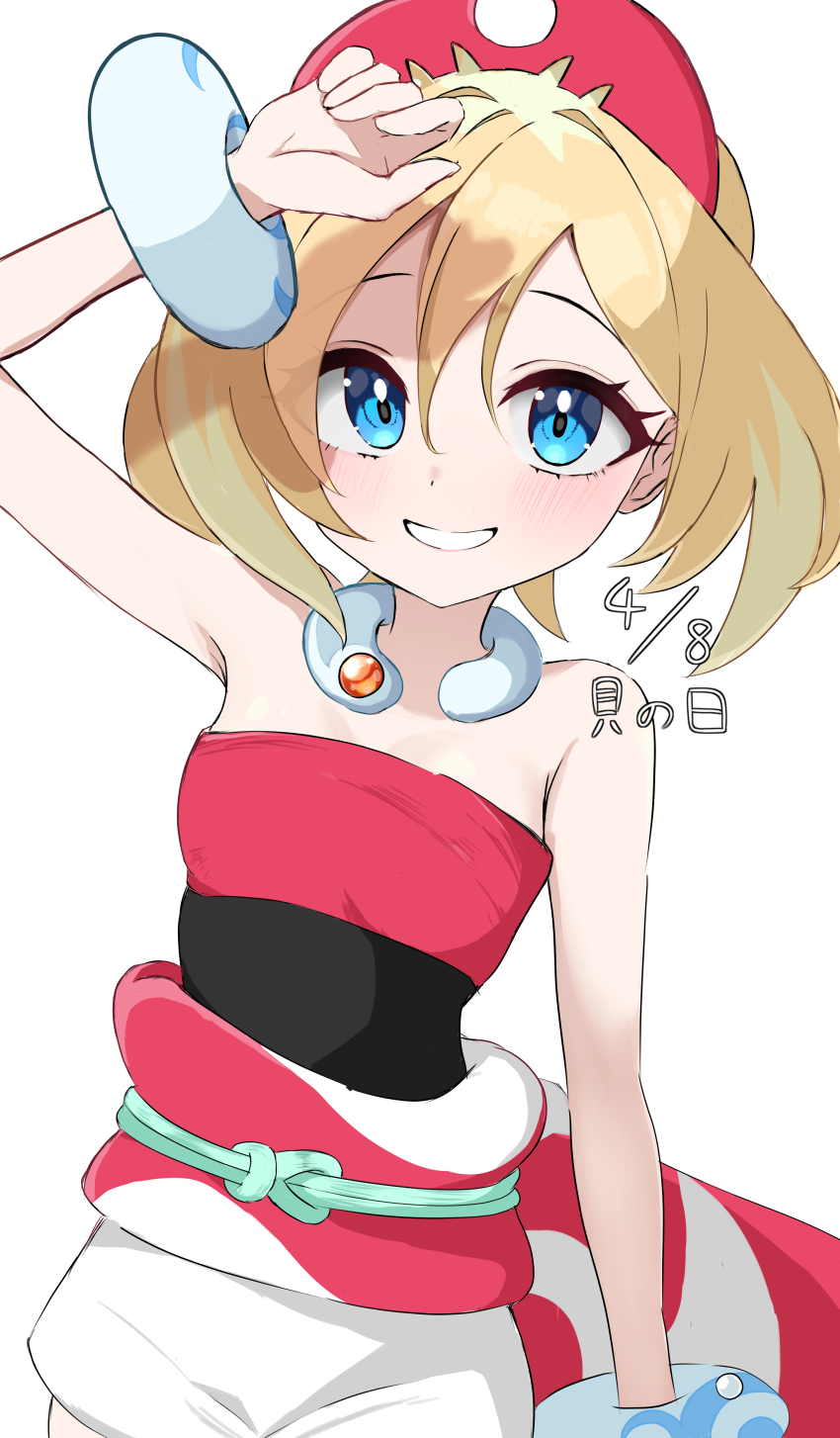 1girl absurdres arm_up blonde_hair blue_eyes bracelet commentary_request eyelashes grin hairband happy highres irida_(pokemon) jewelry kion_(namarock8686) looking_at_viewer medium_hair neck_ring nintendo pokemon pokemon_legends:_arceus sash shirt shorts simple_background smile solo strapless strapless_shirt teeth waist_cape white_background white_shorts
