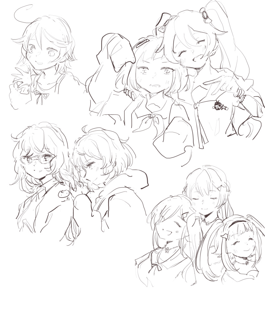 6+girls :d absurdres ahoge annoyed blunt_bangs blush braiding_hair closed_eyes glasses hairband hairdressing highres homocacti hood hood_down jewelry kazari_jun kazusa_michiru kisaki_emiri long_hair looking_at_another magia_record:_mahou_shoujo_madoka_magica_gaiden mahou_shoujo_kazumi_magica mahou_shoujo_madoka_magica medium_hair mikuri_ayame miwa_mitsune miyako_hinano monochrome multiple_girls necklace open_mouth shizumi_konoha short_bangs short_hair sketch smile swept_bangs twintails yusa_hazuki