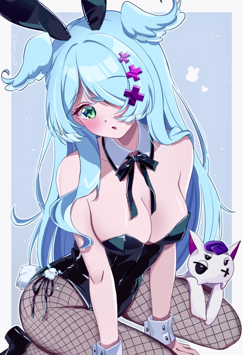 1girl animal_ears blue_hair blush breasts cleavage commentary cross-shaped_pupils detached_collar elira_pendora fake_animal_ears fake_tail fishnets green_eyes hair_over_one_eye head_wings high_heels highres kano3 large_breasts leotard long_hair looking_at_viewer nijisanji nijisanji_en open_mouth pantyhose pikl_(elira_pendora) playboy_bunny rabbit_ears rabbit_tail sitting symbol-only_commentary symbol-shaped_pupils tail very_long_hair virtual_youtuber wariza weewa_(elira_pendora) wings wrist_cuffs
