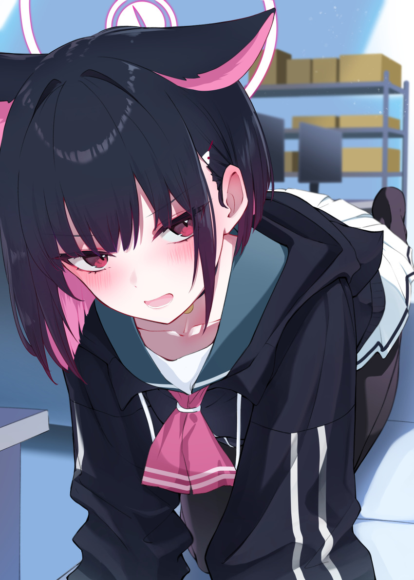 1girl absurdres all_fours animal_ears black_hair black_hoodie black_pantyhose blue_archive blush box cardboard_box cat_ears cat_girl collarbone colored_inner_animal_ears commentary_request exiadoon extra_ears halo highres hood hood_down hoodie indoors kazusa_(blue_archive) looking_at_viewer open_mouth pantyhose pink_eyes pink_hair pink_halo pleated_skirt short_hair skirt solo white_skirt