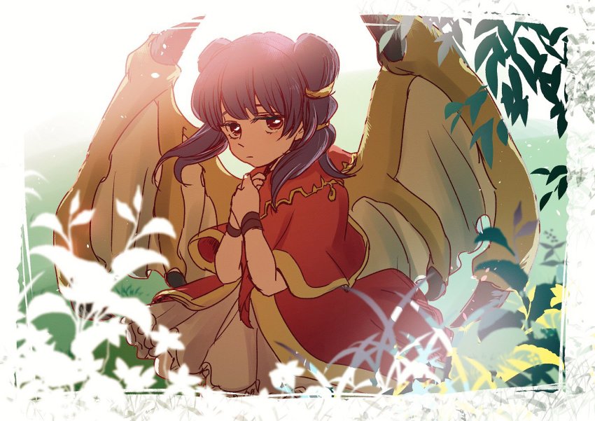 1girl closed_mouth dragon_wings dress female_focus fire_emblem fire_emblem:_the_sacred_stones flower hoshigaki_(hsa16g) leaf multi-tied_hair myrrh_(fire_emblem) nintendo own_hands_together purple_hair red_eyes solo twintails wings wristband