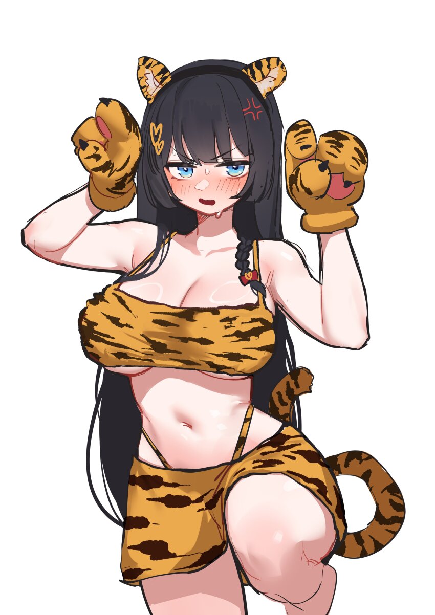 1girl absurdres anger_vein animal_ears animal_hands animal_print bare_arms bare_shoulders black_hair blue_eyes breasts cleavage commentary_request crop_top fake_animal_ears gloves hairband hands_up highleg highres large_breasts leg_up long_hair looking_at_viewer midriff miniskirt navel open_mouth panty_straps paw_gloves sangobob shirayuki_hina shirt simple_background skirt sleeveless sleeveless_shirt solo spaghetti_strap stellive stomach sweat tail tiger_ears tiger_print tiger_tail underboob v-shaped_eyebrows very_long_hair virtual_youtuber white_background