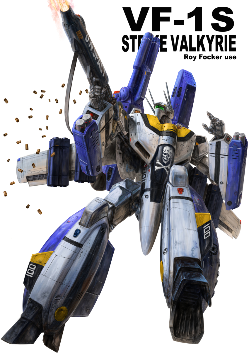 1980s_(style) absurdres battle commentary_request damaged derivative_work dirty energy_cannon firing gunpod highres jolly_roger macross macross:_do_you_remember_love? mecha mecha_focus missile missile_pod official_style oldschool realistic retro_artstyle robot roundel roy_focker science_fiction shell_casing simple_background solo strap takani_yoshiyuki_(style) u.n._spacy variable_fighter vf-1 vf-1_strike vf-1s white_background zandan_zero_to_na!?