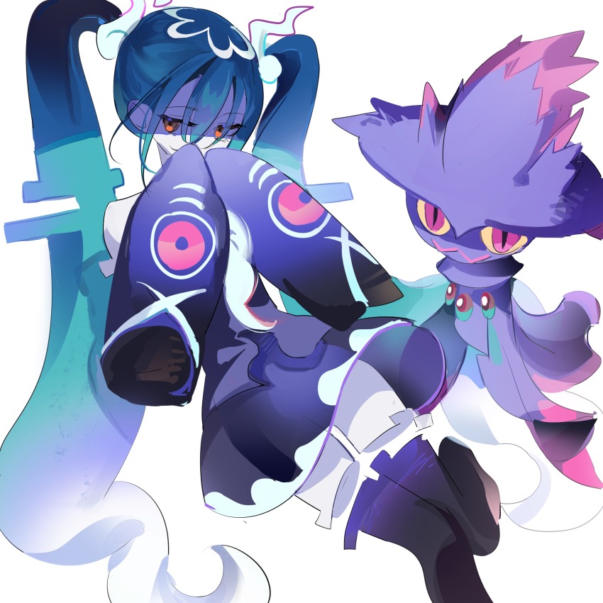 1girl absurdres aqua_hair black_shirt blue_hair colored_skin detached_legs detached_sleeves ershuihe gen_4_pokemon ghost_miku_(project_voltage) gradient_hair grey_skin hair_between_eyes hair_ornament hatsune_miku highres long_hair mismagius multicolored_hair nintendo orange_eyes pokemon pokemon_(creature) project_voltage purple_hair shirt simple_background skirt sleeveless sleeveless_shirt sleeves_past_fingers sleeves_past_wrists twintails very_long_hair vocaloid white_background white_hair
