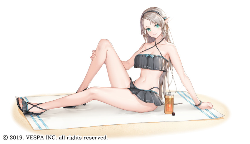 1girl bare_legs bare_shoulders beach_towel bikini bikini_ribbon bikini_skirt black_bikini black_hairband black_sandals black_shoes black_skirt bracelet breasts brown_hair commentary_request criss-cross_halter earrings elf frilled_footwear full_body green_eyes hairband halterneck hand_on_ground hand_on_own_knee high_heel_sandals hwansang_jungdog jewelry king&#039;s_raid korean_commentary korean_text long_hair looking_at_viewer lotion medium_breasts mixed-language_commentary official_alternate_costume official_art on_ground partial_commentary pointy_ears sand sandals selene_(king&#039;s_raid) shoes simple_background sitting skirt smile solo sunscreen swimsuit towel very_long_hair white_background