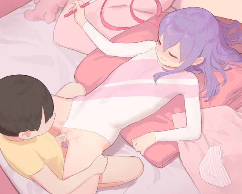 1boy 1girl bed blanket blush clothed_sex clothing_aside commentary covered_navel cum cum_in_pussy from_above hetero kodomo_doushi leotard leotard_aside light_blush loli long_hair lying missionary on_back one_eye_closed original panties penis pillow pink_leotard pumpkinspicelatte purple_hair pussy red_eyes ribbon ribbon_baton sex shota spread_legs streamers striped_clothes striped_panties stuffed_animal stuffed_toy teddy_bear underwear unworn_panties vaginal
