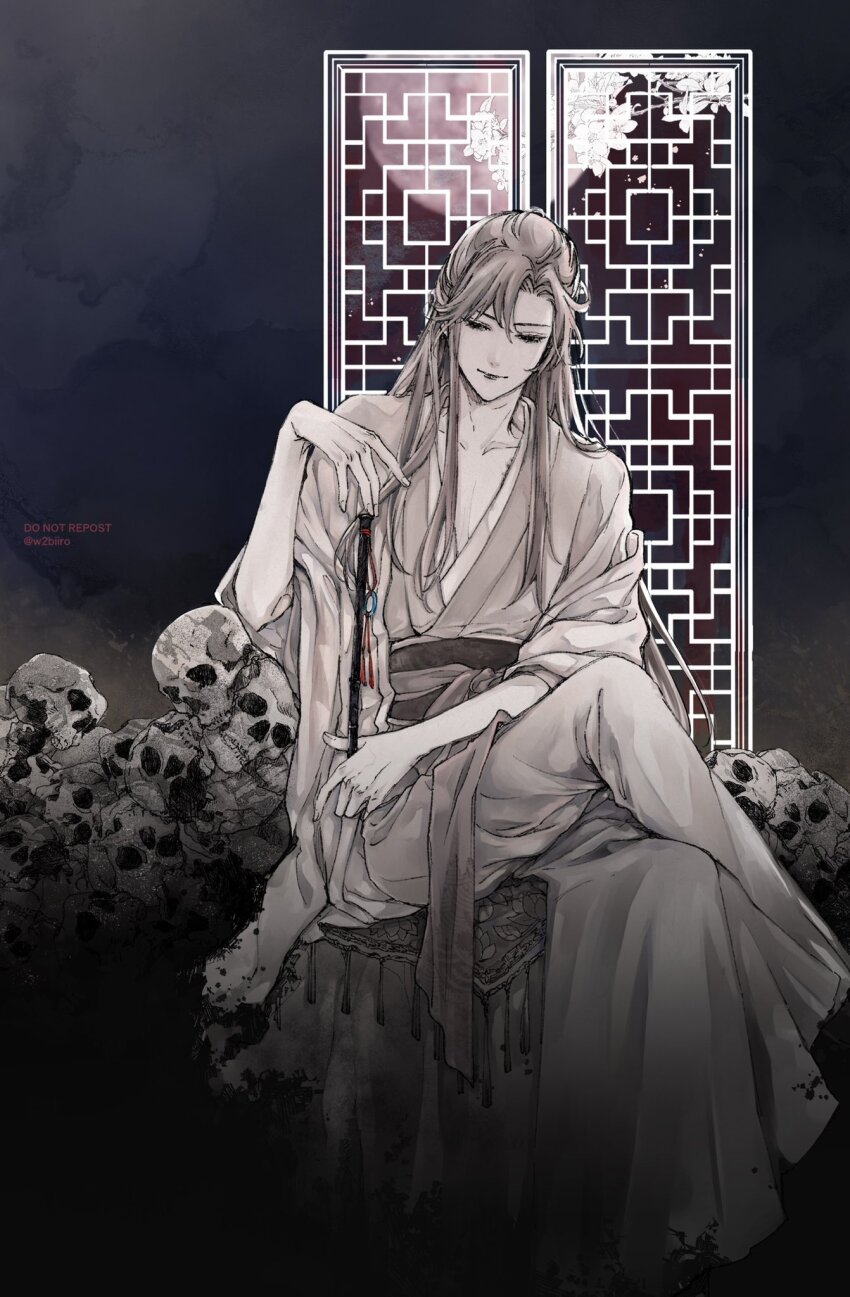 1boy black_background branch chinese_clothes closed_mouth coat coat_partially_removed collarbone crossed_legs eyelashes falling_petals flower flute flute_tassel full_body full_moon greyscale hair_down half_updo hand_up hanfu highres holding holding_flute holding_instrument instrument lattice long_hair long_sleeves male_focus modao_zushi monochrome moon off_shoulder official_alternate_costume official_alternate_hairstyle open_clothes open_coat pectoral_cleavage pectorals petals robe sash sidelocks sitting skull smile smoke solo spot_color tassel twitter_username w2biiro wei_wuxian wei_wuxian_(yiling_laozu) wide_sleeves window