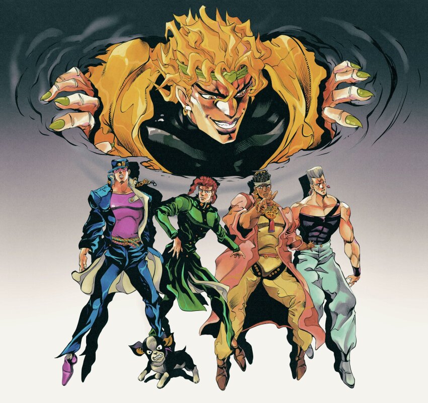 5boys araki_hirohiko_(style) ark_nemesis black_shirt blonde_hair blue_coat blue_hat blue_pants brown_shoes chain clenched_teeth coat commentary dark-skinned_male dark_skin dio_brando dog earrings english_commentary evil_grin evil_smile gakuran gradient_background green_coat green_headband green_nails green_pants grey_background grey_hair grey_headband grey_pants grin hat headband highres iggy_(jojo) jacket jean_pierre_polnareff jewelry jojo_no_kimyou_na_bouken kakyoin_noriaki kuujou_joutarou long_coat male_focus mohammed_avdol multiple_boys muscular muscular_male necklace official_style open_mouth pants peaked_cap pink_coat purple_shirt purple_shoes red_hair school_uniform shirt shoes smile stardust_crusaders teeth yellow_jacket yellow_pants