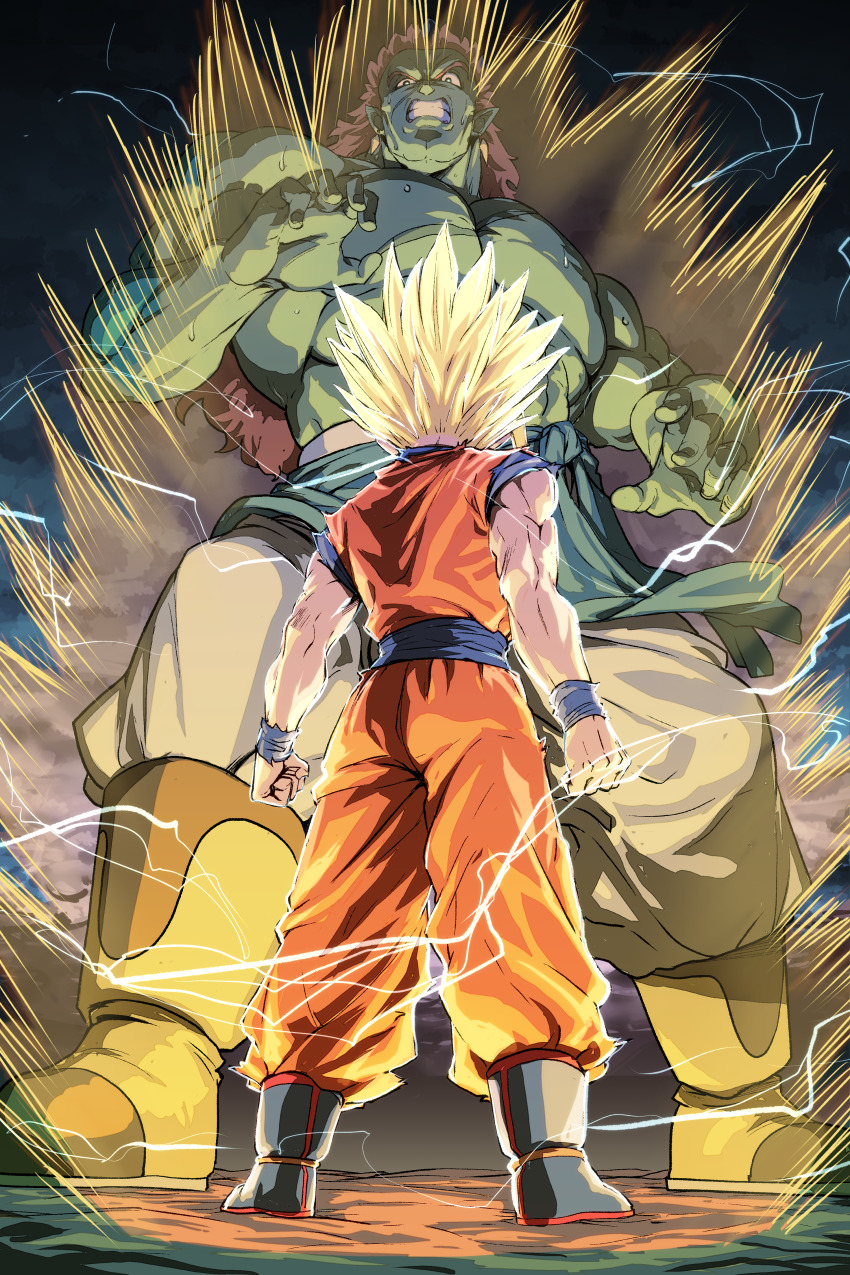 2boys absurdres aura blonde_hair blue_footwear blue_sash bojack boots clothing_request colored_skin dougi dragon_ball dragon_ball_(classic) electricity galbi_(iouytuuyio) highres multiple_boys muscular muscular_male orange_hair pants pectorals pointy_hair sash skirt son_gohan standing super_saiyan super_saiyan_2 sweat topless_male uniform white_pants worried yellow_boots