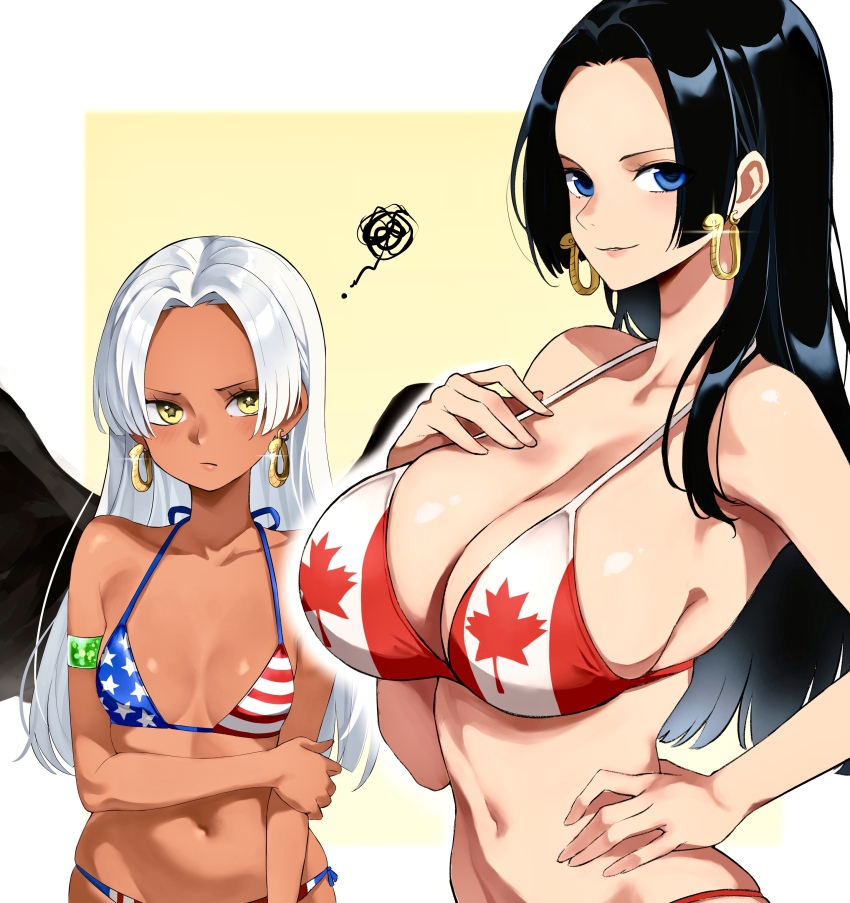 2girls absurdres american_flag american_flag_bikini american_flag_print bikini black_hair black_wings blood blue_eyes boa_hancock breast_envy breasts canada canadian_flag_bikini commentary_request commission dark-skinned_female dark_skin earrings flag_print flag_print_bikini green_blood hand_on_own_hip highres jewelry kasumi_6 large_breasts long_hair multiple_girls navel one_piece pixiv_commission print_bikini s-snake small_breasts snake_earrings squiggle star-shaped_pupils star_(symbol) swimsuit symbol-shaped_pupils white_hair wings yellow_eyes