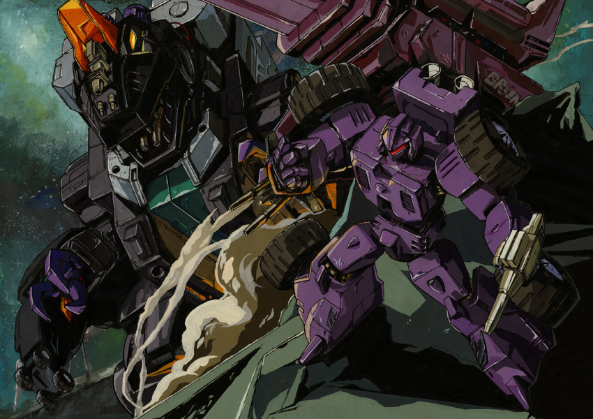 1980s_(style) cannon claws clenched_hand debris decepticon dinosaur full-tilt holding holding_weapon marble-v mecha non-humanoid_robot oldschool oonishi_rui orange_eyes red_eyes retro_artstyle robot robot_animal sharp_teeth smoke space teeth transformers trypticon unused_tire weapon