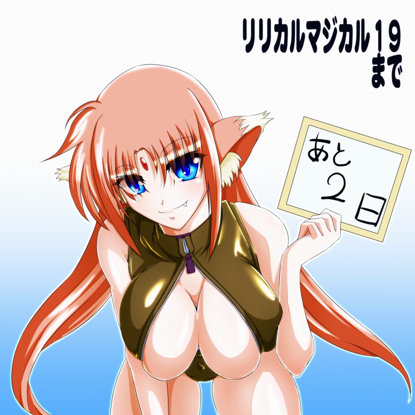 00s 1girl absurdres animal_ears arf blue_eyes breasts cleavage countdown fang fang_out female_focus front_zipper_swimsuit highres large_breasts lyrical_nanoha mahou_shoujo_lyrical_nanoha meme_attire one-piece_swimsuit pink_hair red_eyes solo swimsuit tappa_(esperanza)