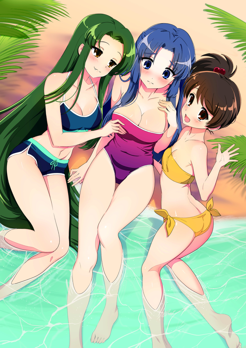 3girls absurdres asakura_ryoko bandeau barefoot bikini blue_bikini blue_eyes blue_hair blush breasts brown_eyes cleavage collarbone commentary_request commission fang feet female_focus forehead grabbing_another&#039;s_breast green_hair groping highres ichimi_renge kyon_no_imouto large_breasts long_hair looking_at_another looking_at_viewer multiple_girls navel one-piece_swimsuit parted_bangs pixiv_commission second-party_source side_ponytail small_breasts soaking_feet strapless strapless_one-piece_swimsuit suzumiya_haruhi_no_yuuutsu swimsuit tsuruya tube_top very_long_hair water yellow_bikini yuri