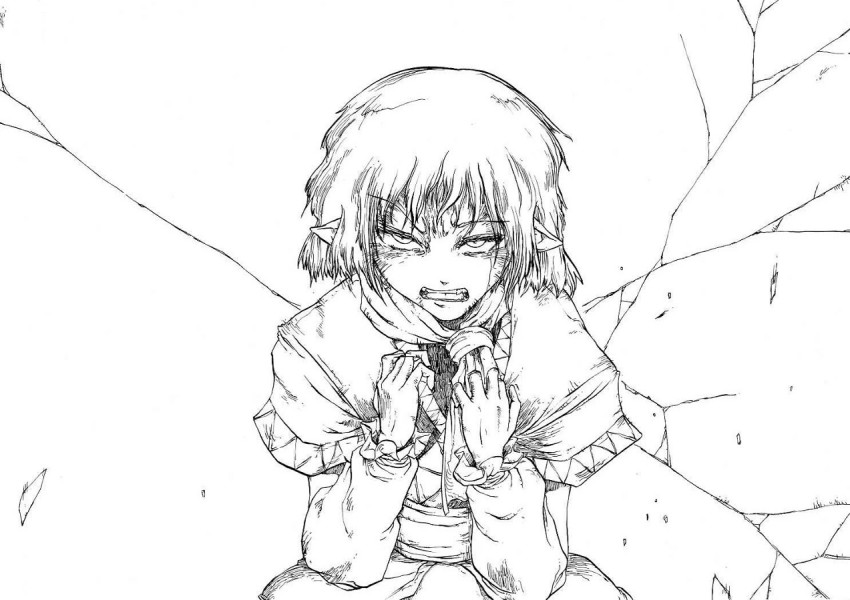 1girl arm_warmers female_focus greyscale mizuhashi_parsee monochrome pandemonium pointy_ears solo touhou