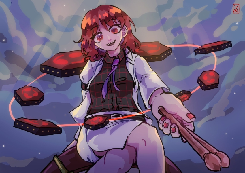 1girl arm_belt belt belt_buckle black_belt black_footwear buckle cloud cloudy_sky coattails collared_shirt commentary_request crossed_legs double_dealing_character drum drumsticks eyelashes head_tilt highres holding holding_drumsticks horikawa_raiko instrument jacket long_sleeves looking_at_viewer miniskirt moonlight nail_polish necktie night night_sky open_clothes open_jacket open_mouth outdoors outstretched_arm plaid_belt plaid_clothes plaid_shirt purple_necktie red_eyes red_hair red_nails shirt short_hair signature sitting skirt sky smile star_(sky) teeth touhou upper_teeth_only waiwa_way white_jacket white_skirt