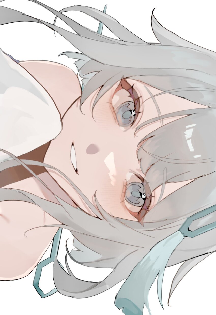 1girl chinese_hairpin genshin_impact grey_eyes grey_hair grey_pupils guizhong_(genshin_impact) hair_ornament hairpin highres mamamam_pi simple_background smile solo tassel tassel_hair_ornament teeth upper_body white_background
