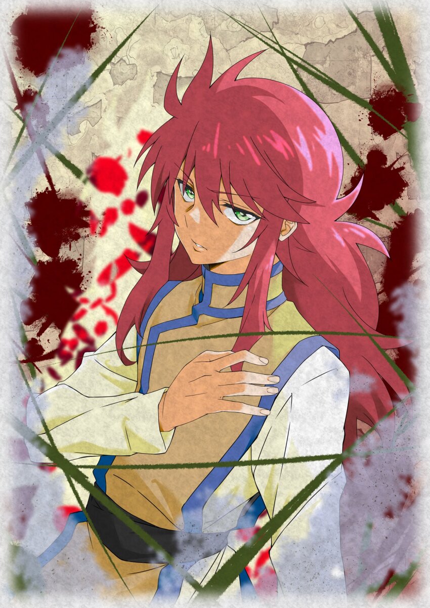 1boy arm_at_side belt black_belt blood blood_stain blue_trim blurry blurry_foreground border chinese_clothes commentary_request green_eyes hand_on_own_chest hand_up highres jitome koseki_masaru kurama_(yu_yu_hakusho) long_hair long_sleeves male_focus messy_hair parted_lips red_hair sanpaku sidelocks solo swept_bangs teeth turtleneck upper_body vest vignetting white_border yellow_background yellow_vest yuu_yuu_hakusho