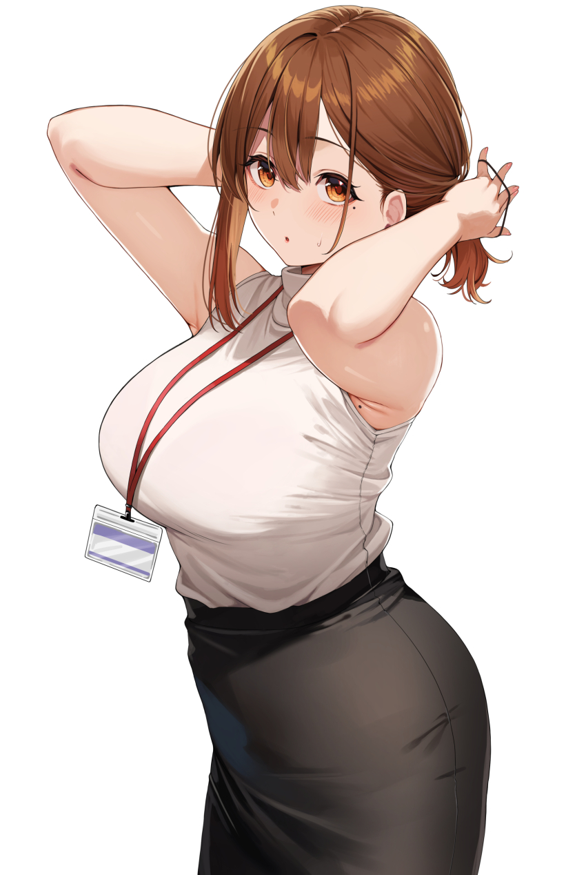 1girl absurdres armpits black_skirt blush breasts brown_eyes brown_hair commentary_request hair_tie highres holding lanyard large_breasts looking_at_viewer mole mole_on_armpit mole_under_eye office_lady ol-chan_(udon) original parted_lips pencil_skirt shirt shirt_tucked_in short_hair simple_background skirt sleeveless sleeveless_shirt solo udon_(udonalium) white_background