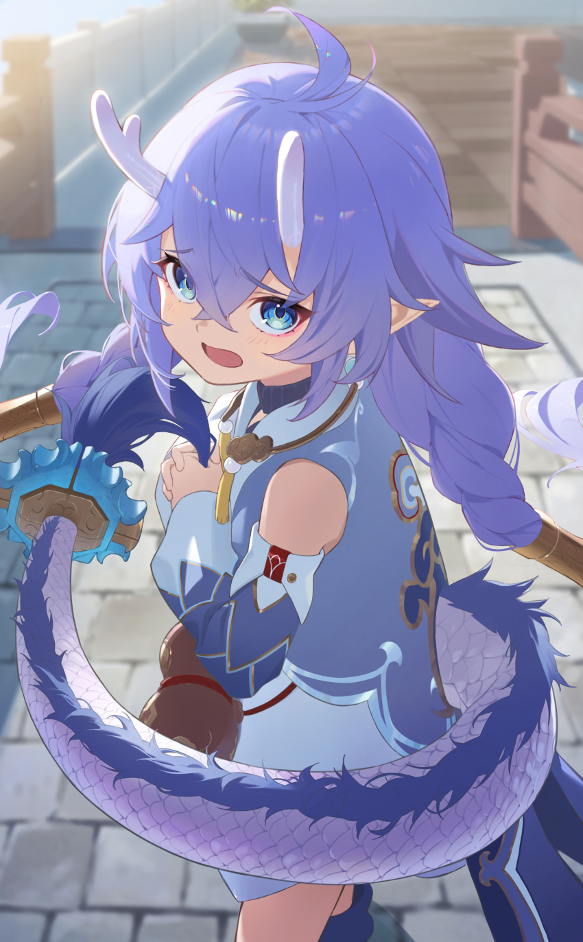 1girl absurdres ahoge aoto_rei aqua_hair bailu_(honkai:_star_rail) blue_eyes blush braid chinese_clothes detached_sleeves dragon_girl dragon_horns dragon_tail earrings eastern_dragon_horns eastern_dragon_tail gourd hair_between_eyes highres honkai:_star_rail honkai_(series) horns jewelry looking_at_viewer open_mouth pointy_ears single_braid solo tail