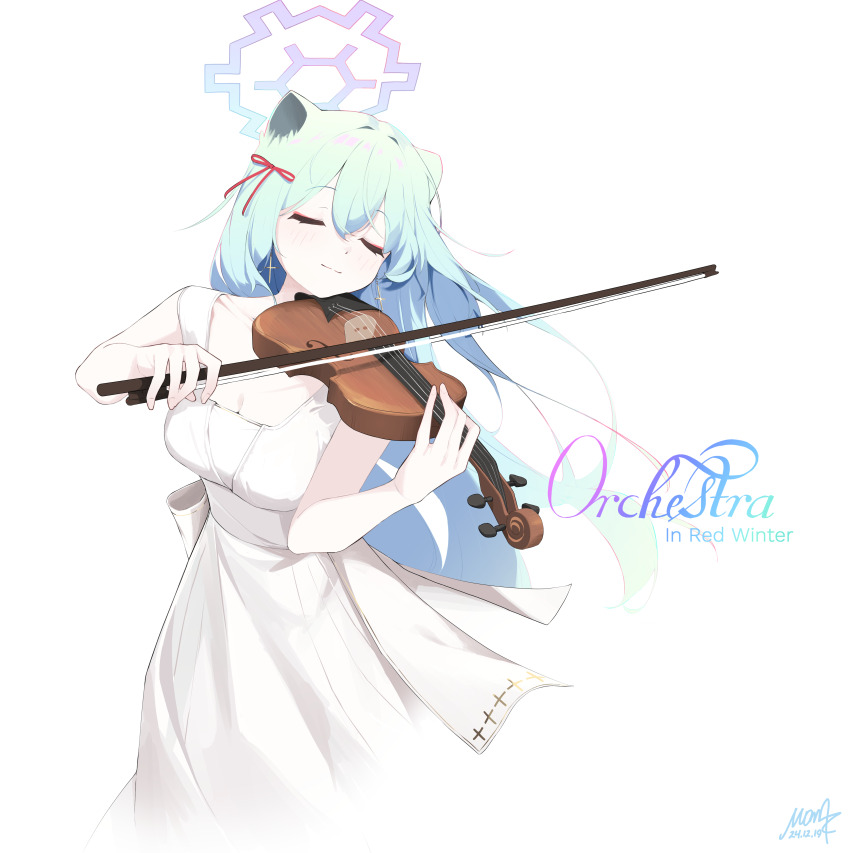 1girl absurdres alternate_costume alternate_hair_length alternate_hairstyle animal_ears aqua_hair blue_archive bow_(music) breasts closed_eyes closed_mouth commentary dress hair_between_eyes halo highres holding holding_bow_(music) holding_instrument holding_violin instrument long_hair medium_breasts mona_kkkk music open_mouth playing_instrument purple_halo shigure_(blue_archive) simple_background smile solo violin weasel_ears weasel_girl white_background white_dress