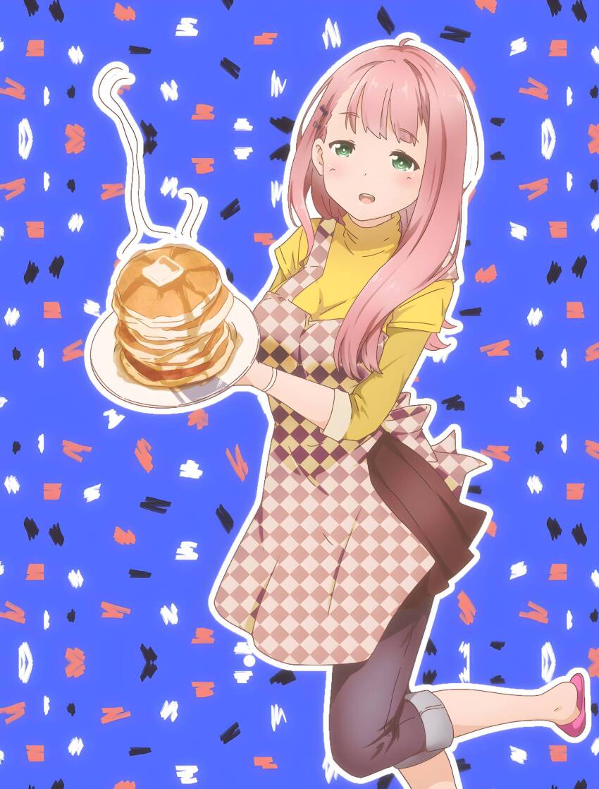 1girl 22/7 absurdres apron black_skirt blue_background blue_pants center-flap_bangs checkered_apron checkered_clothes food foot_out_of_frame green_eyes highres hitorilily holding holding_plate kamiki_mikami layered_sleeves leg_up long_hair long_sleeves maple_syrup open_mouth pancake pancake_stack pants pants_under_skirt pink_hair plate pleated_skirt shirt short_over_long_sleeves short_sleeves skirt slippers solo teeth upper_teeth_only yellow_shirt