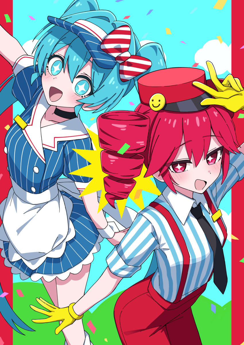 +_+ 2girls :d absurdres apron arm_up black_choker black_necktie blue_dress blue_eyes blue_hair blue_hat blue_shirt blush bow choker collared_shirt commentary cowboy_shot dress drill_hair feet_out_of_frame gloves hair_bow hat hatsune_miku highres kasane_teto long_hair looking_at_viewer maud0239 mesmerizer_(vocaloid) multiple_girls necktie open_mouth pants red_bow red_eyes red_hair red_hat red_pants shirt short_hair short_sleeves smile smiley_hat_ornament striped_bow striped_clothes striped_shirt suspenders twin_drills twintails utau vocaloid w waist_apron white_apron yellow_gloves