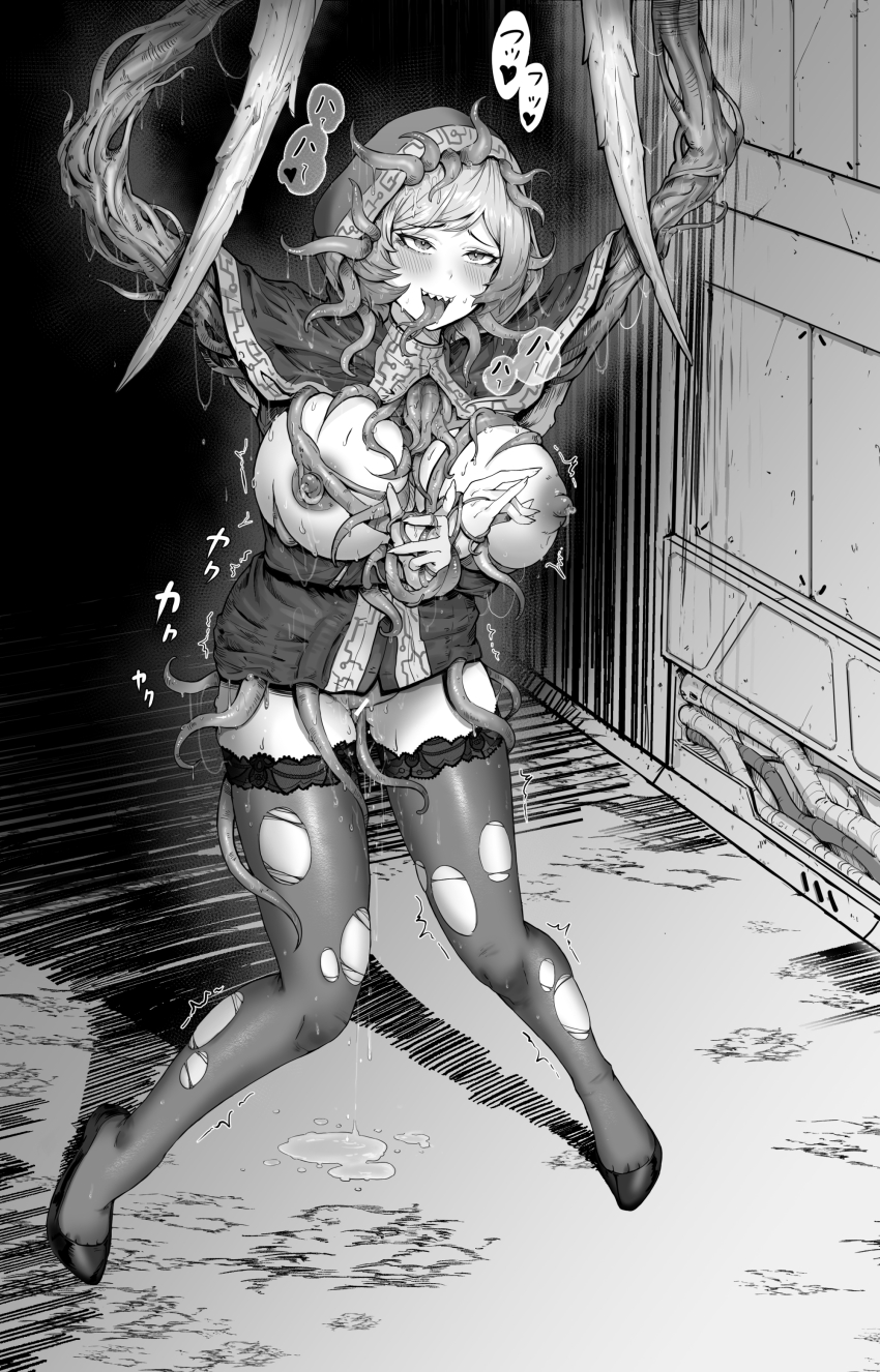 1girl absurdres ahegao blush breasts breasts_out chouzetsu_ero_don commentary dead_space greyscale highres hood knees_together_feet_apart large_breasts monochrome monster_girl necromorph open_mouth parasite pussy_juice pussy_juice_puddle short_hair tentacle_clothes tentacles thighhighs tongue tongue_out torn_clothes torn_thighhighs