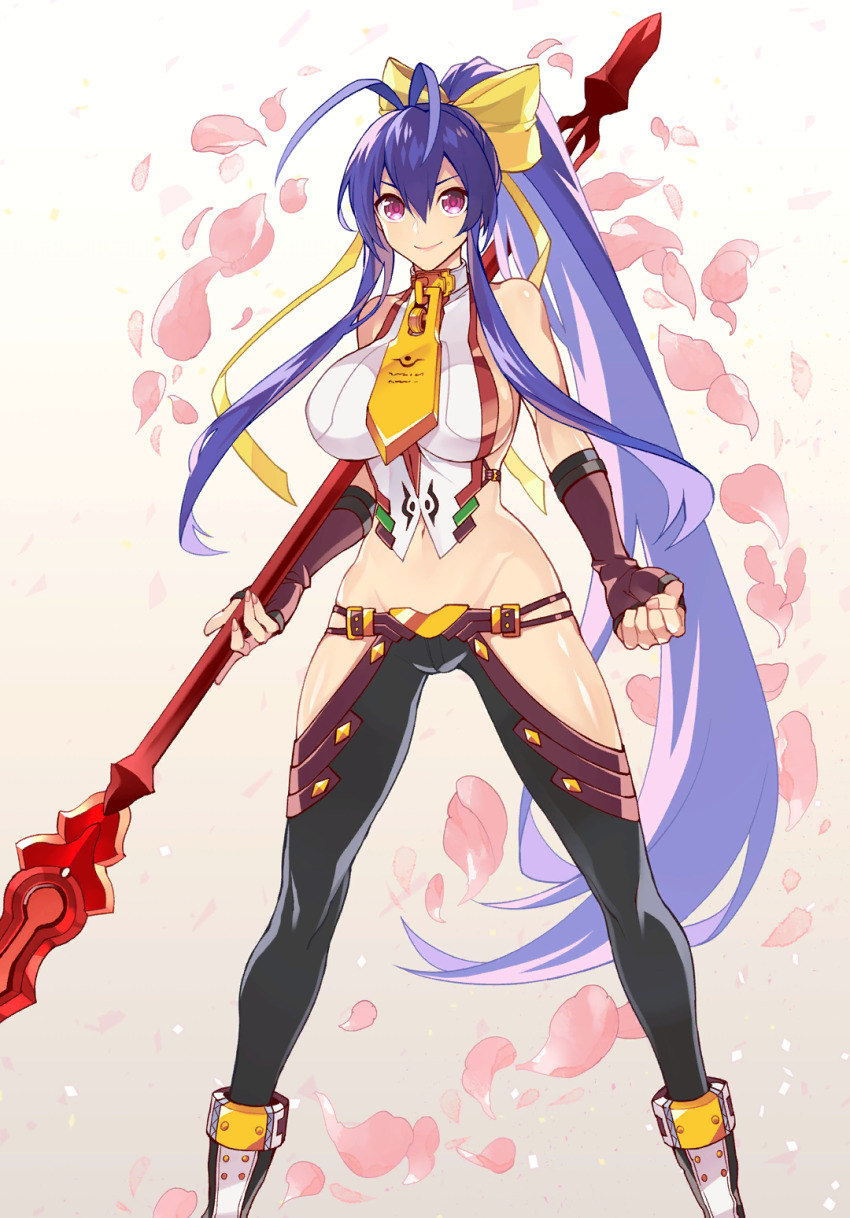 1girl antenna_hair backless_outfit black_pants blazblue blazblue_alternative:_dark_war blue_hair bow breasts clenched_hand halterneck halterneck highres holding holding_weapon large_breasts long_hair lowleg lowleg_pants mai_natsume official_art outseal pants polearm purple_eyes revealing_clothes smile spear sumeshi_(ambivalince) very_long_hair weapon white_background yellow_bow