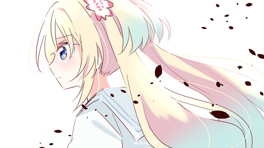 1girl absurdres blonde_hair blue_eyes blue_hair blush closed_mouth commentary dress flower from_side frown gradient_hair hair_flower hair_ornament hashtag-only_commentary highres link!_like!_love_live! love_live! multicolored_hair osawa_rurino pink_flower profile raised_inner_eyebrows ririn_(ririn_501) sailor_collar sailor_dress simple_background solo summer_uniform twintails twitter_username upper_body virtual_youtuber white_background white_dress white_sailor_collar