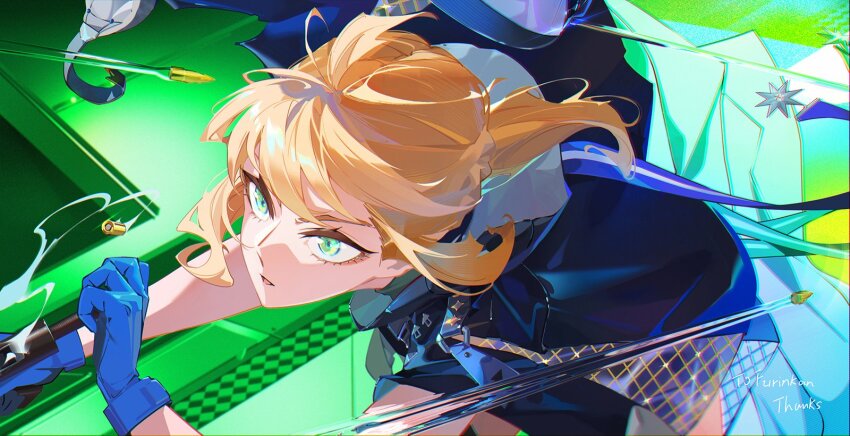 .32_acp 1girl blonde_hair blue_gloves bolt_action bullet casing_ejection cocking_gun girls&#039;_frontline gloves green_eyes gun handgun handgun_cartridge highres holding holding_gun holding_weapon integral_suppressor integrally-suppressed_firearm jacket mod3_(girls&#039;_frontline) pistol_cartridge projectile_trail shell_casing solo suppressor thank_you tr6xx weapon welrod welrod_mk_ii welrod_mkii_(girls&#039;_frontline) welrod_mkii_(mod3)_(girls&#039;_frontline)