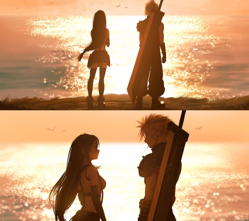 1boy 1girl armor bare_shoulders bird black_gloves black_hair black_skirt black_sports_bra black_thighhighs blonde_hair breasts buster_sword cloud_strife commentary crop_top elbow_gloves english_commentary final_fantasy final_fantasy_vii final_fantasy_vii_remake from_behind full_body gloves highres horizon huge_weapon long_hair looking_at_another low-tied_long_hair medium_breasts midriff ocean orange_sky outdoors profile safaia shoulder_armor single_bare_shoulder skirt sky spiked_hair sports_bra standing sunset suspender_skirt suspenders sword sword_on_back tank_top thighhighs tifa_lockhart upper_body very_long_hair weapon weapon_on_back white_tank_top zettai_ryouiki