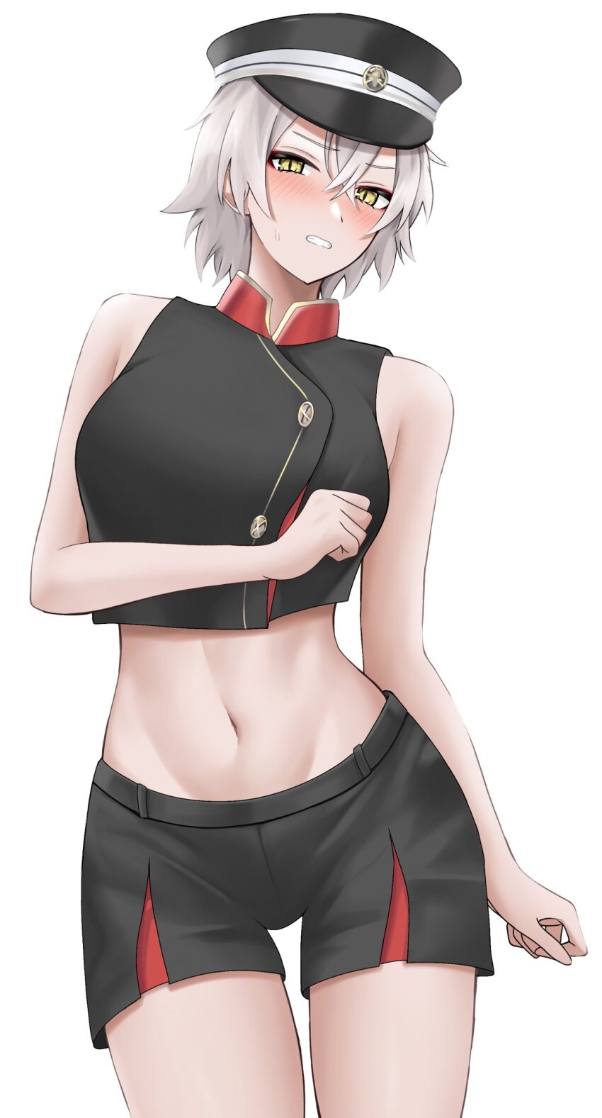 1girl azur_lane banba_(jakqbigone) bare_arms bare_shoulders black_shirt black_shorts blush breasts character_request clenched_teeth commentary_request cowboy_shot crop_top embarrassed grey_hair hair_between_eyes hat highres kinu_(azur_lane) large_breasts looking_at_viewer midriff navel peaked_cap shirt short_hair shorts simple_background sleeveless sleeveless_shirt solo standing stomach teeth thighs white_background yellow_eyes