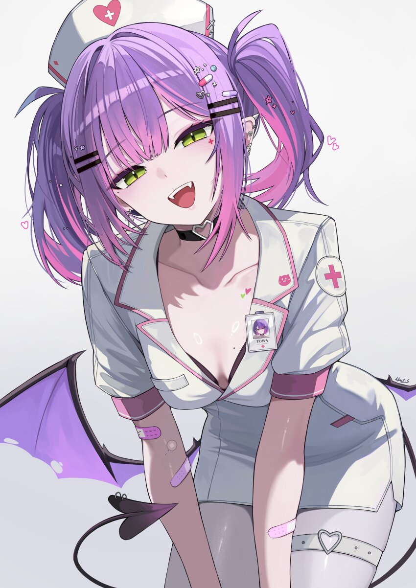 1girl :d absurdres alternate_costume alternate_hairstyle black_bra bra bra_peek breasts cleavage commentary demon_girl demon_tail demon_wings dress earrings fangs gradient_hair green_eyes hair_ornament hairclip hat heart heart_o-ring highres hololive id_card jewelry kkato leaning_forward looking_at_viewer low_wings medium_breasts medium_hair multicolored_hair nurse nurse_cap nurse_dress o-ring o-ring_thigh_strap open_mouth pantyhose parallel_hairclips piercing pink_hair pointy_ears puffy_short_sleeves puffy_sleeves purple_hair short_dress short_sleeves smile solo spiked_ear_piercing symbol-only_commentary tail tail_ornament tail_piercing thigh_strap tokoyami_towa twintails underwear virtual_youtuber white_dress white_pantyhose wings