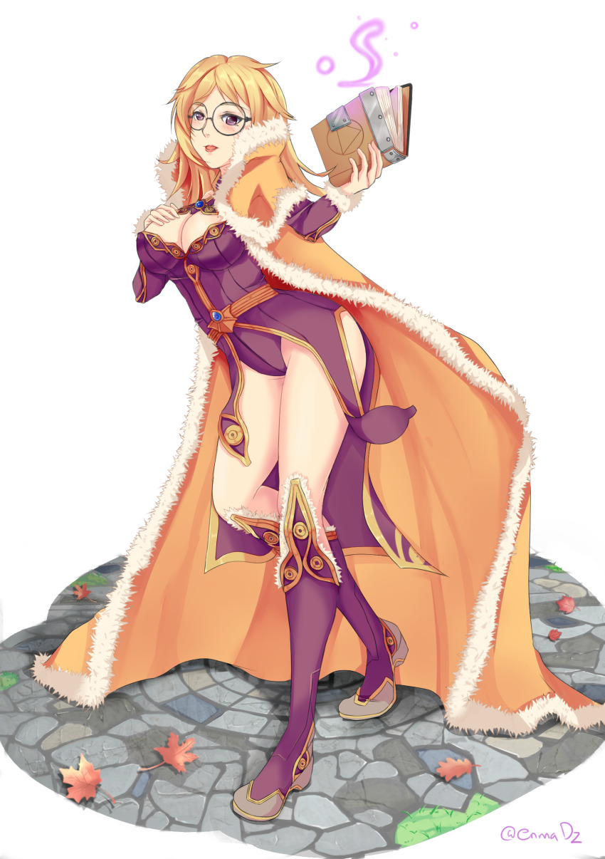 1girl absurdres autumn_leaves black-framed_eyewear blonde_hair boots breasts brown_cape brown_eyes cape cleavage cobblestone commentary dress english_commentary enma92 full_body fur-trimmed_boots fur-trimmed_cape fur_trim glasses gold_trim highres large_breasts leaf leaning_forward long_hair long_sleeves looking_at_viewer magic open_mouth purple_boots purple_dress ragnarok_online round_eyewear short_dress smile solo walking white_background wizard_(ragnarok_online)
