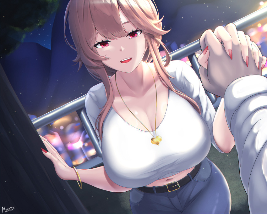 1boy 1girl absurdres alternate_costume azur_lane belt black_belt bracelet breasts brown_hair casual cleavage clemenceau_(azur_lane) collarbone commander_(azur_lane) commentary cowboy_shot crop_top denim dutch_angle english_commentary hair_between_eyes heart heart_necklace highres interlocked_fingers jacket jeans jewelry large_breasts long_hair long_sleeves looking_at_viewer midriff musanix navel necklace night open_mouth outdoors pants pov pov_hands railing red_eyes red_nails shirt sidelocks smile solo_focus standing teeth three-quarter_sleeves upper_teeth_only white_jacket white_shirt