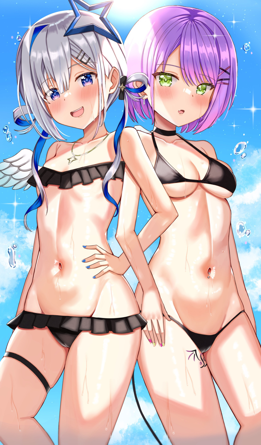 2girls absurdres amane_kanata angel_wings asymmetrical_bangs asymmetrical_hair bikini black_bikini blue_hair bob_cut breasts colored_inner_hair demon_girl feathered_wings green_eyes grey_hair hair_over_one_eye hair_rings halo highres hololive long_hair medium_breasts mini_wings multicolored_hair multicolored_nails multiple_girls nail_polish navel nootomo pointy_ears purple_eyes purple_hair shiny_skin short_hair single_hair_intake small_breasts star_halo streaked_hair swept_bangs swimsuit thigh_strap tokoyami_towa virtual_youtuber white_wings wings