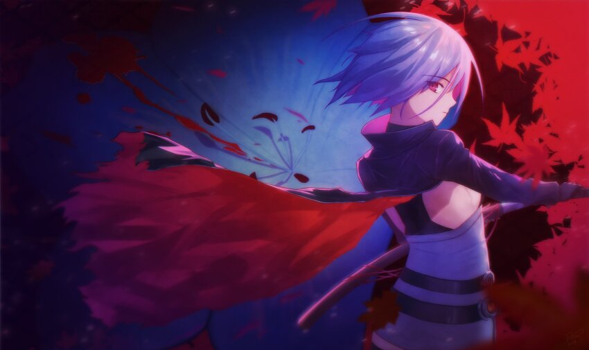 1girl ayane_ichijou backless_outfit belt black_cape black_gloves blood blood_splatter blue_flower blue_hair bob_cut breasts cape flower flowingcrescent gloves highres holding holding_sword holding_weapon katana leaf looking_at_viewer looking_back maple_leaf multiple_belts red_background red_cape red_eyes shirt short_hair sideboob small_breasts soukou_akki_muramasa sword two-sided_cape two-sided_fabric weapon white_shirt