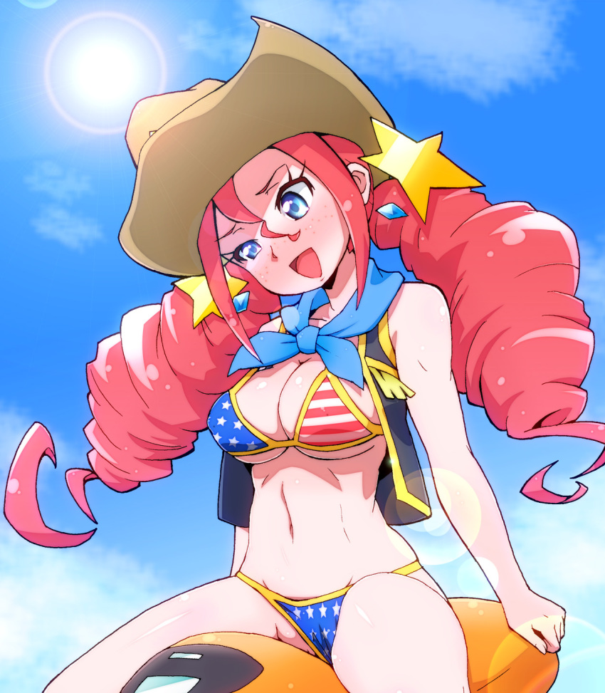 10s 1girl :d american_flag american_flag_bikini american_flag_print bikini blue_eyes blush breasts cleavage cloud cowboy_hat cowboy_western day drill_hair female_focus flag_print freckles happinesscharge_precure! hat highres large_breasts lens_flare long_hair looking_at_viewer magical_girl navel open_mouth precure print_bikini red_hair red_haired_cure_(bomber_girls_precure)_(happinesscharge_precure!) ryuuta_(cure_ryuuta) scarf shiny_skin sky smile solo star_(symbol) sun swimsuit twin_drills twintails uncensored vest