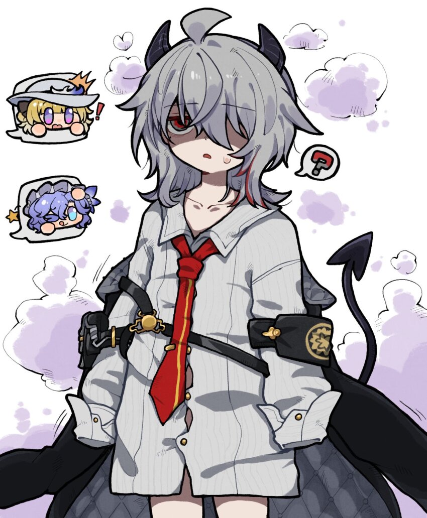 1girl ? aged_down armband black_armband black_tail cantarella_(wuthering_waves) chest_harness collarbone commentary cowboy_shot demon_tail grey_hair harness hashtag-only_commentary highres loose_clothes multicolored_hair necktie partially_shaded_face phoebe_(wuthering_waves) red_necktie shirt solo spoken_question_mark streaked_hair tail white_shirt wuthering_waves zani_(wuthering_waves) zunusama