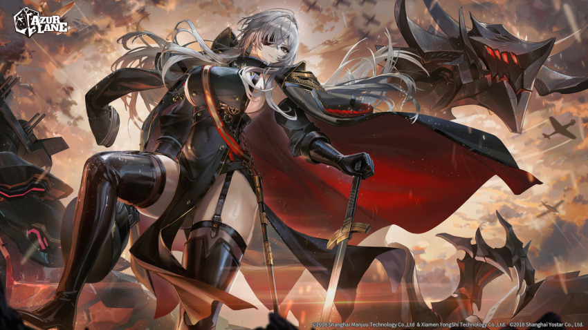 1girl aircraft airplane azur_lane black_boots black_coat black_garter_straps black_gloves black_thighhighs boots breasts cavehuuu chain cloud cloudy_sky coat coat_on_shoulders copyright_name elbow_gloves epaulettes eyepatch floating_hair foot_out_of_frame fritz_rumey_(azur_lane) from_below garter_straps gloves gold_trim grey_hair hair_between_eyes hand_on_hilt highres holding holding_sword holding_weapon large_breasts leather leather_boots long_hair looking_at_viewer looking_down military_vehicle non-humanoid_robot official_art pelvic_curtain propeller_fighter robot robot_dragon scabbard second-party_source sheath sideboob sky solo standing sword thigh_boots thighhighs thighhighs_under_boots weapon