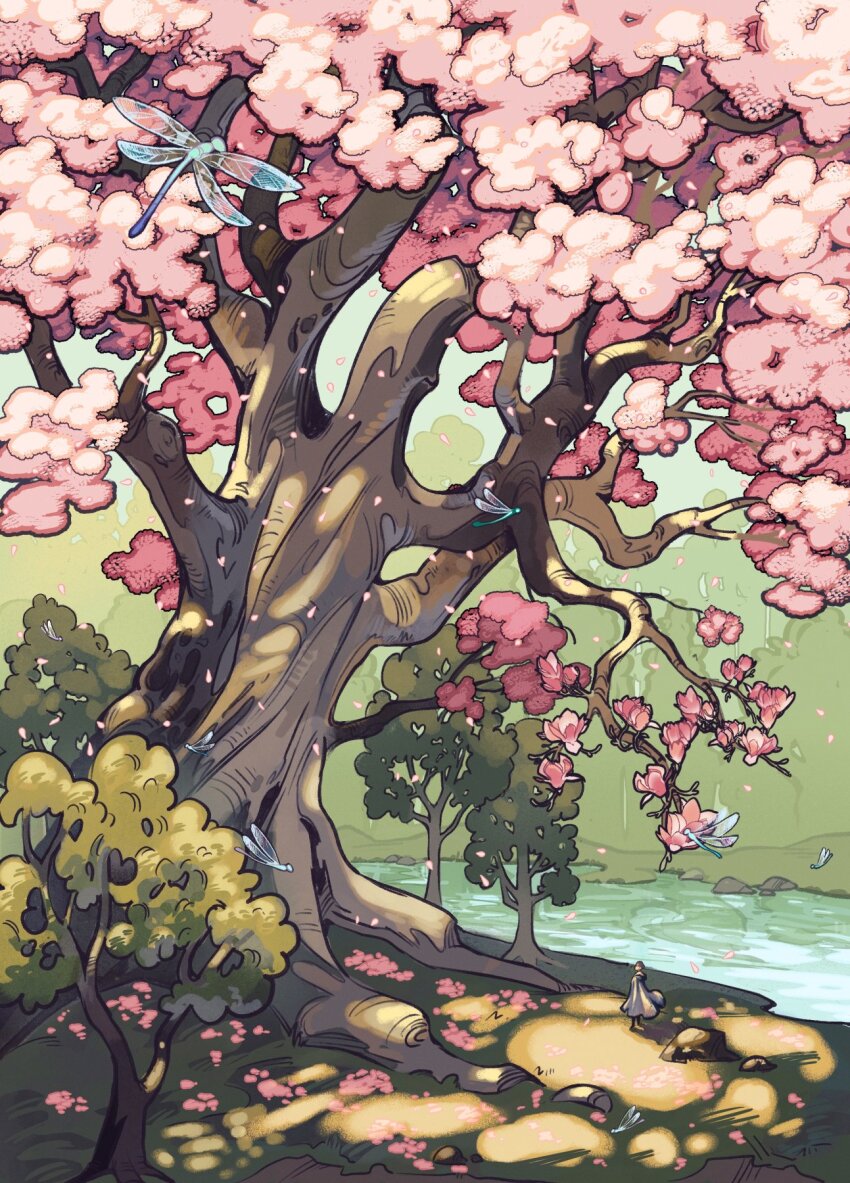 1girl blurry blurry_background brown_hair bug cherry_blossoms cherry_tree commentary dappled_sunlight day dragonfly dress english_commentary falling_petals giant_tree grass guest_art hair_bun highres insect landscape medium_hair original outdoors petals plant_roots ripples river rock single_hair_bun sky solo standing sunlight tree wicksandwheat